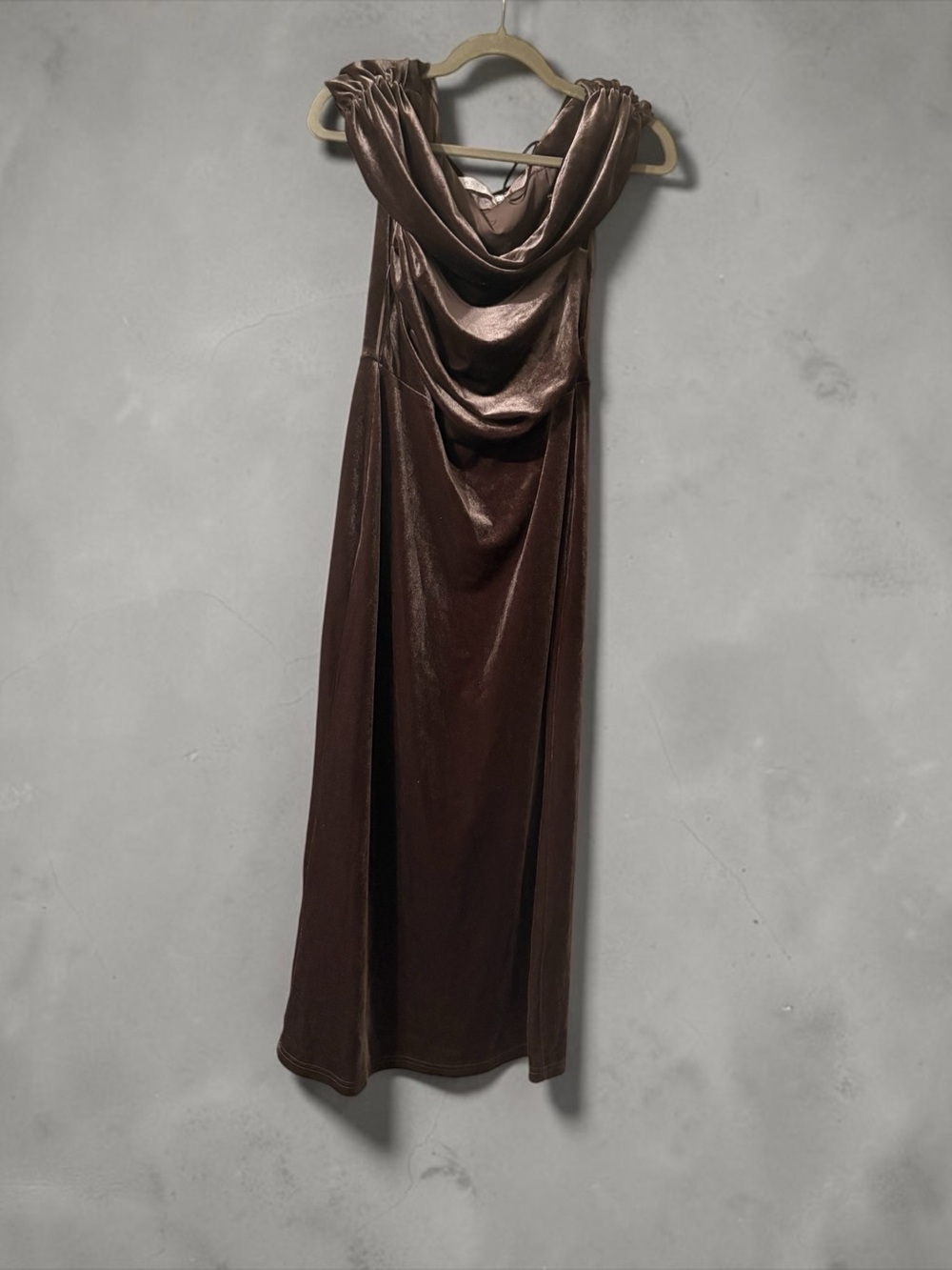Sculpted Cowl Neck Velvet Maxi Dress in Bronze - Picture 3 of 6
